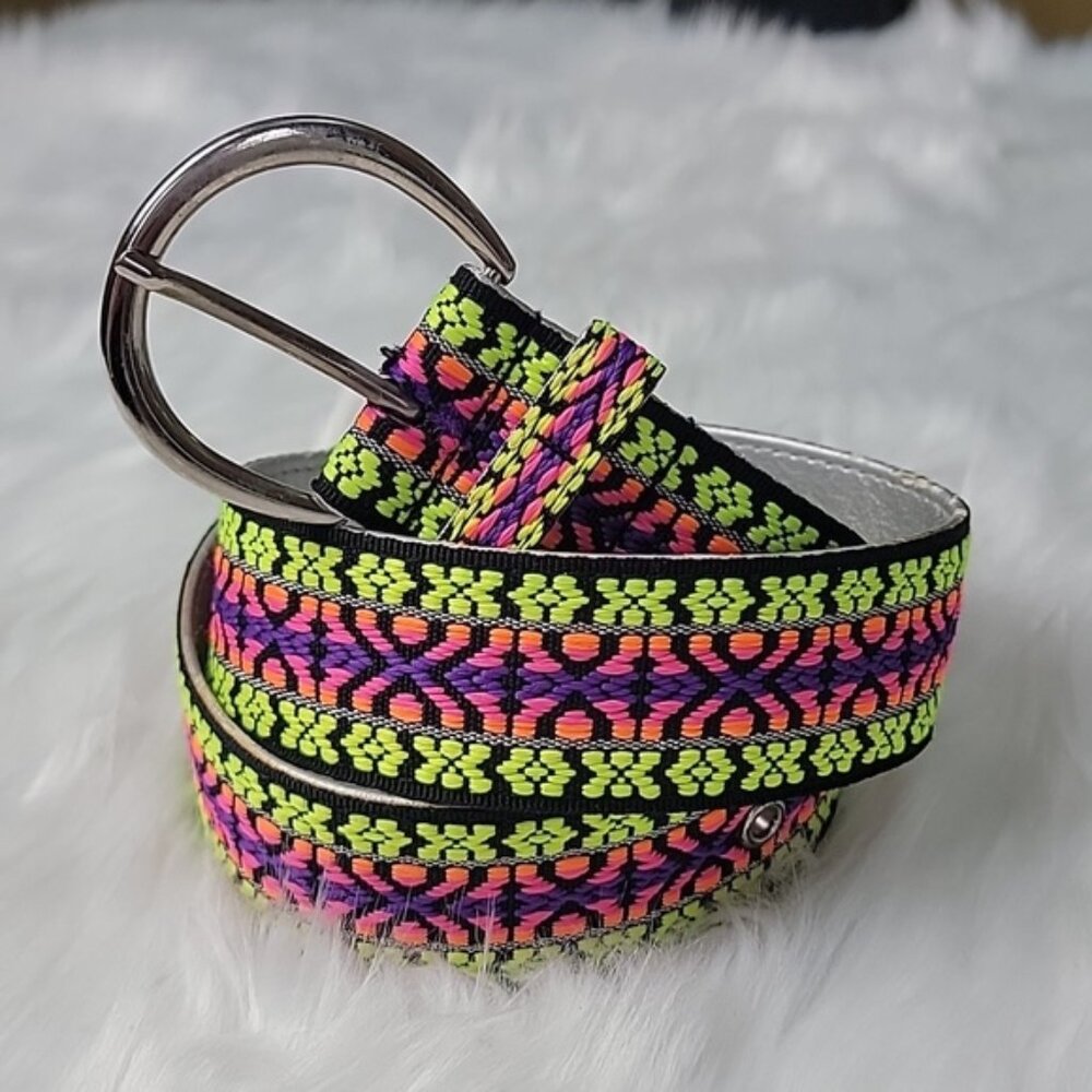JUSTICE Girl's Y2K 80s Neon Embroidered Stitched Boho Silver Hardware‎ Belt L